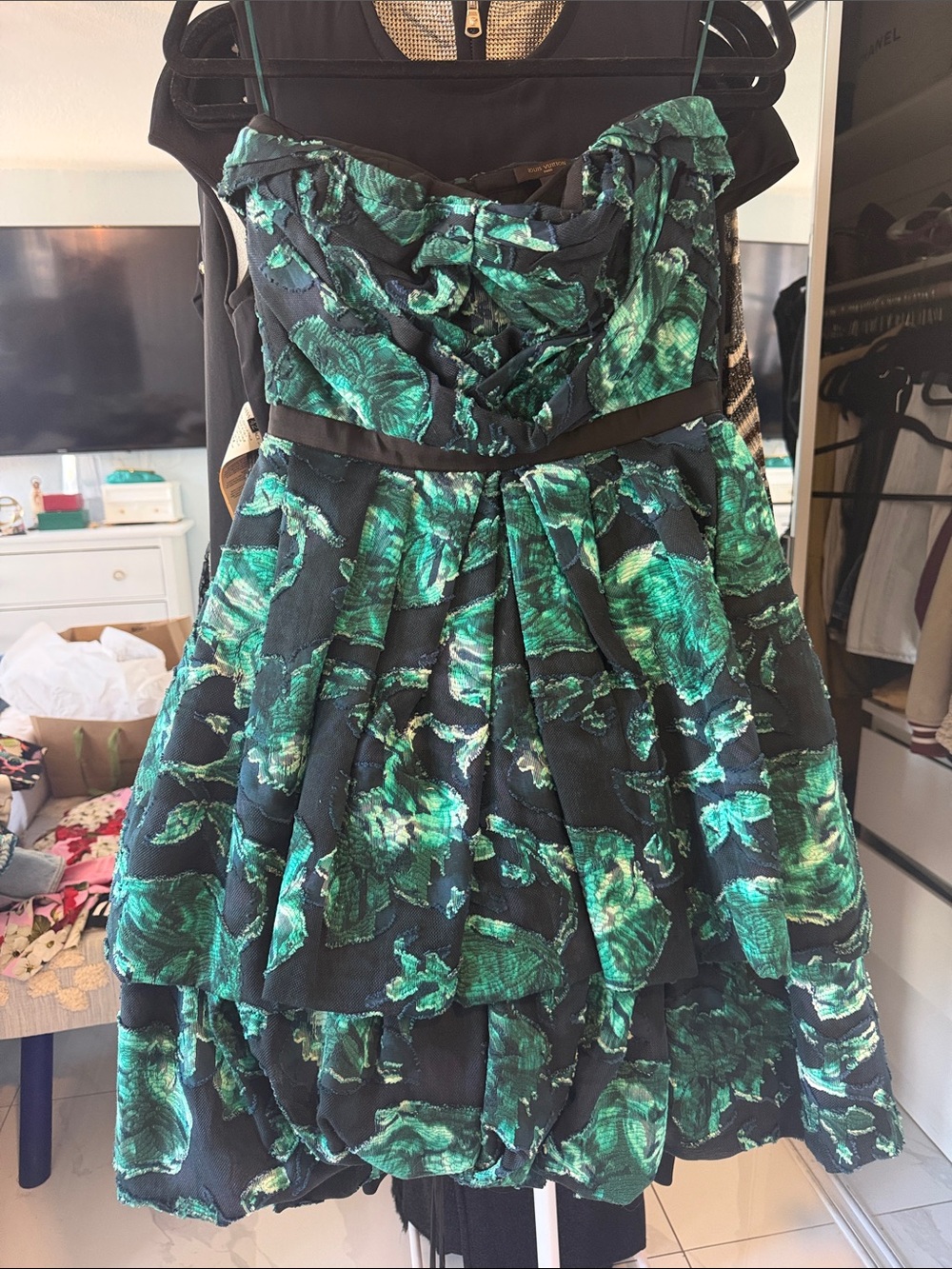 Louis Vuitton Black Dress with Green Floral Jacquard